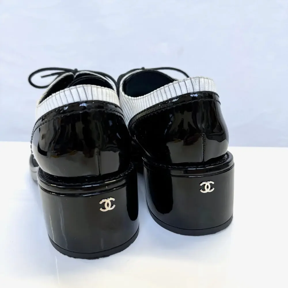 🪄100% Auth CHANEL Chunky Black Patent Pinstripe Lace Up Oxford Shoes sz 42 12 - Picture 5 of 14